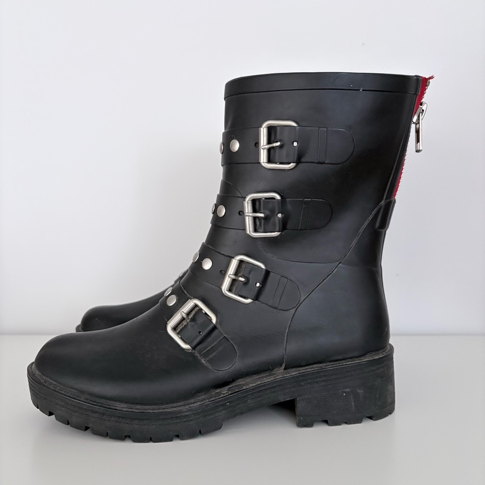 Steve Madden Black Thunder Rain Rubber Combat Mid Calf Boots Size 7 - Picture 2 of 8